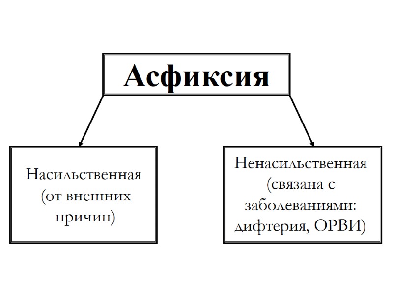 Асфиксия  Насильственная  (от внешних  причин)  Ненасильственная (связана с заболеваниями: дифтерия,